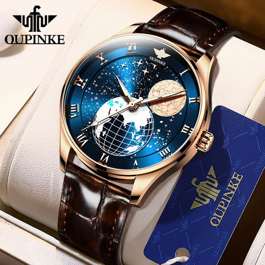 OUPINKE 3177 Moon Phase Man Watch Genuine Leather Strap Japan Automatic Mechanical Wristwatch Starry Sky Dial Luxury Watches Men