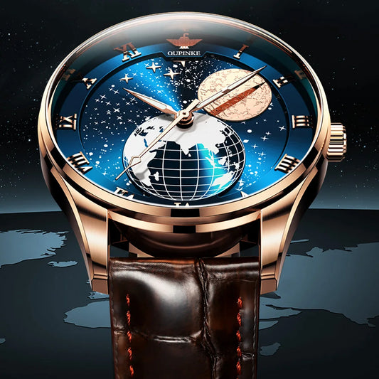 OUPINKE 3177 Moon Phase Man Watch Genuine Leather Strap Japan Automatic Mechanical Wristwatch Starry Sky Dial Luxury Watches Men